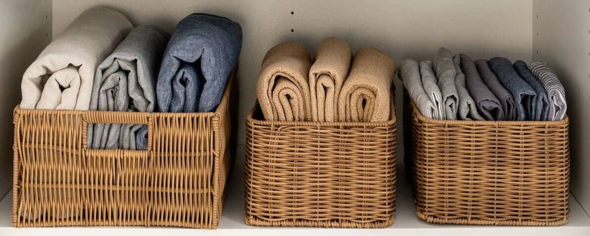 Woven baskets of folded linen